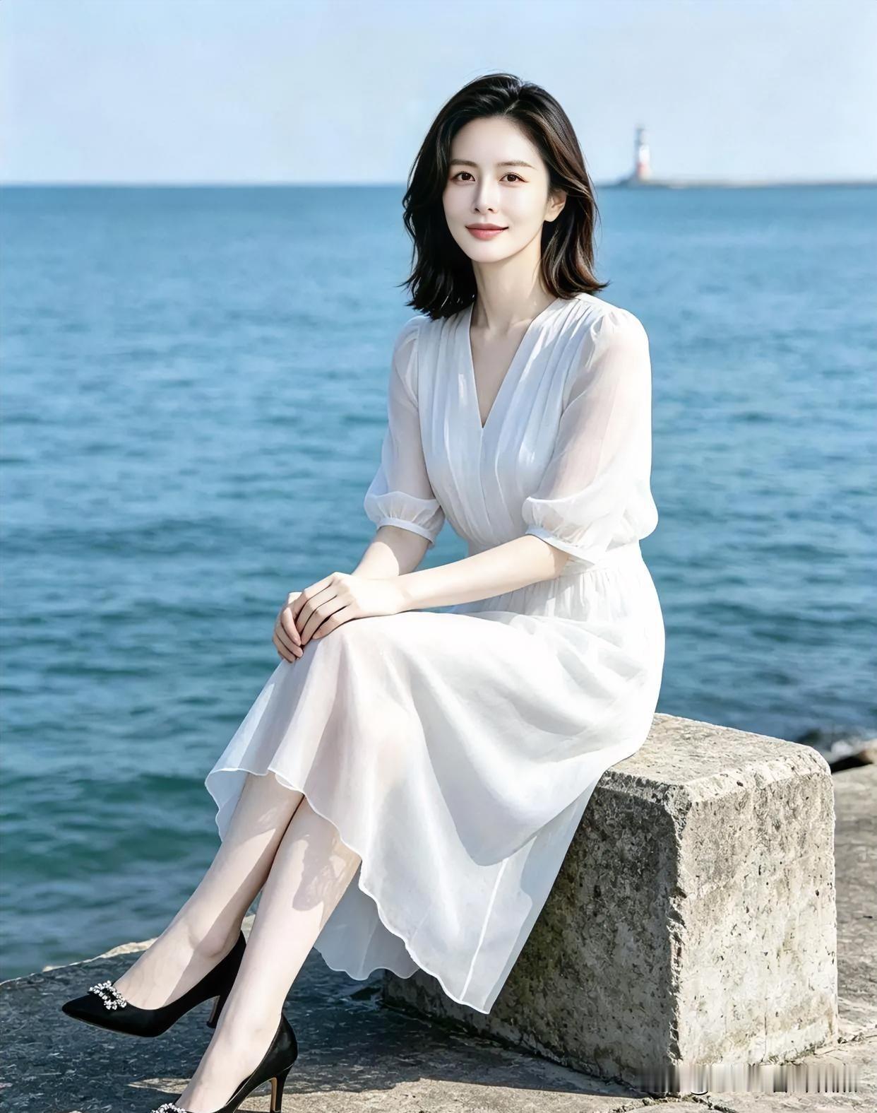 素白轻纱凝海风，石矶静倚沐晴光。她坐拥碧波，裙裾翩跹如云影，眸含澄澈，将海的辽阔