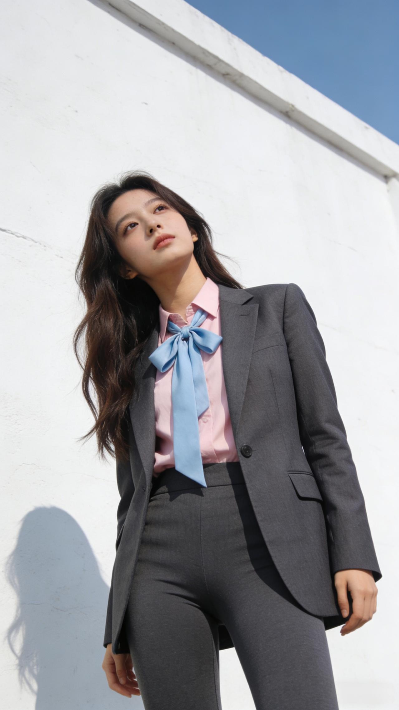 优雅职场风，粉色衬衫配灰色西装，蓝丝带点缀，自信满满！时尚穿搭 美女人像群