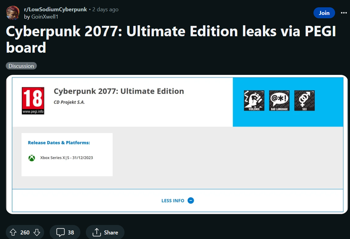 消息称《赛博朋克 2077》将推出“终极版”，相关游戏评级泄露