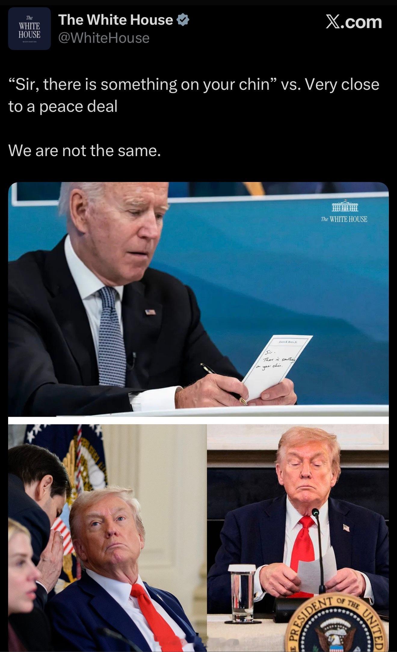 白宫官推贴出对比图，把拜登在2021年新冠线上会议上收到提示自己下巴上有残渣的纸