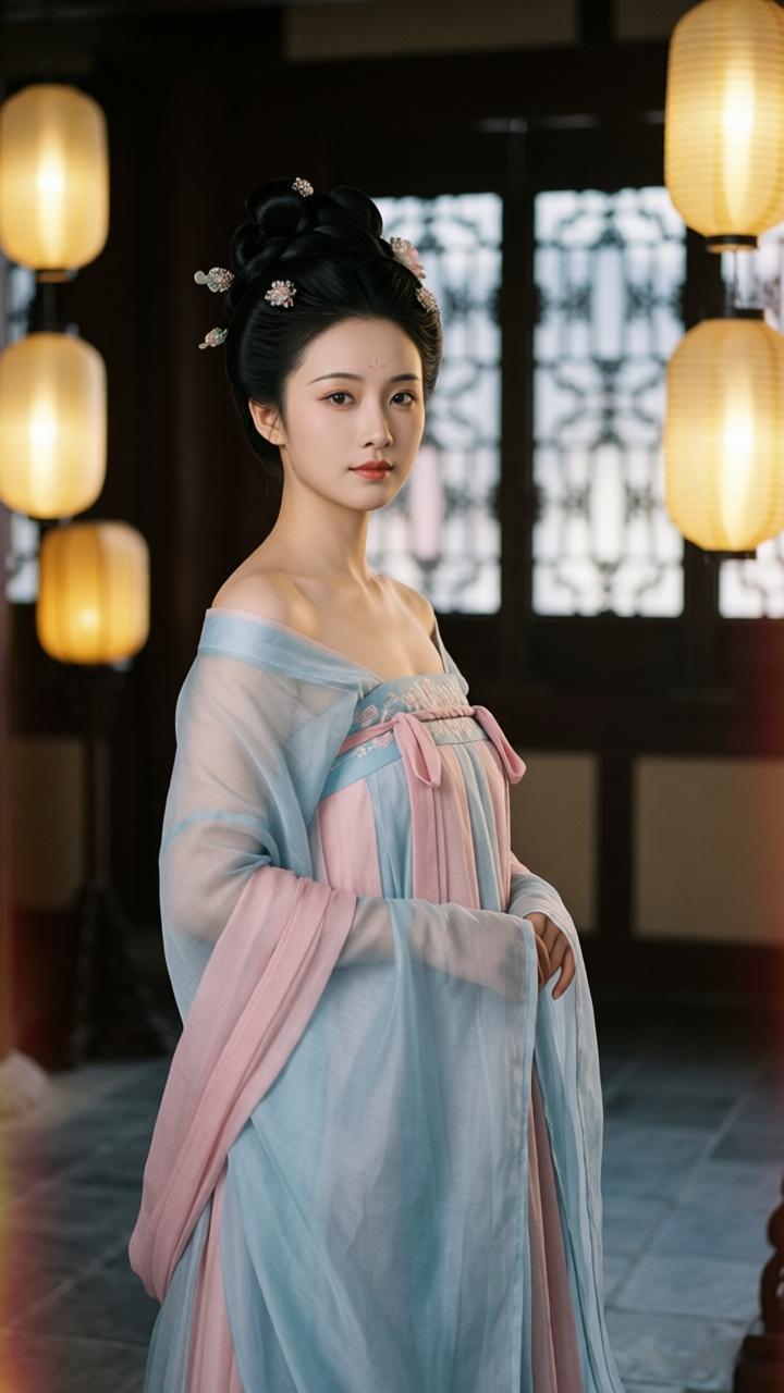古风美人，一袭蓝粉相间的汉服，宛如画中仙子。