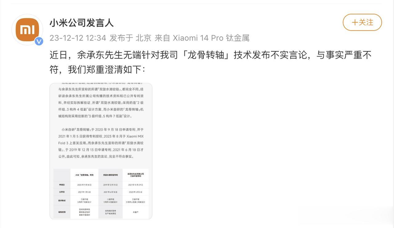 #小米回应余承东龙骨转轴技术言论# 昨天还看到某网友的言论，说小米不敢回应之类的