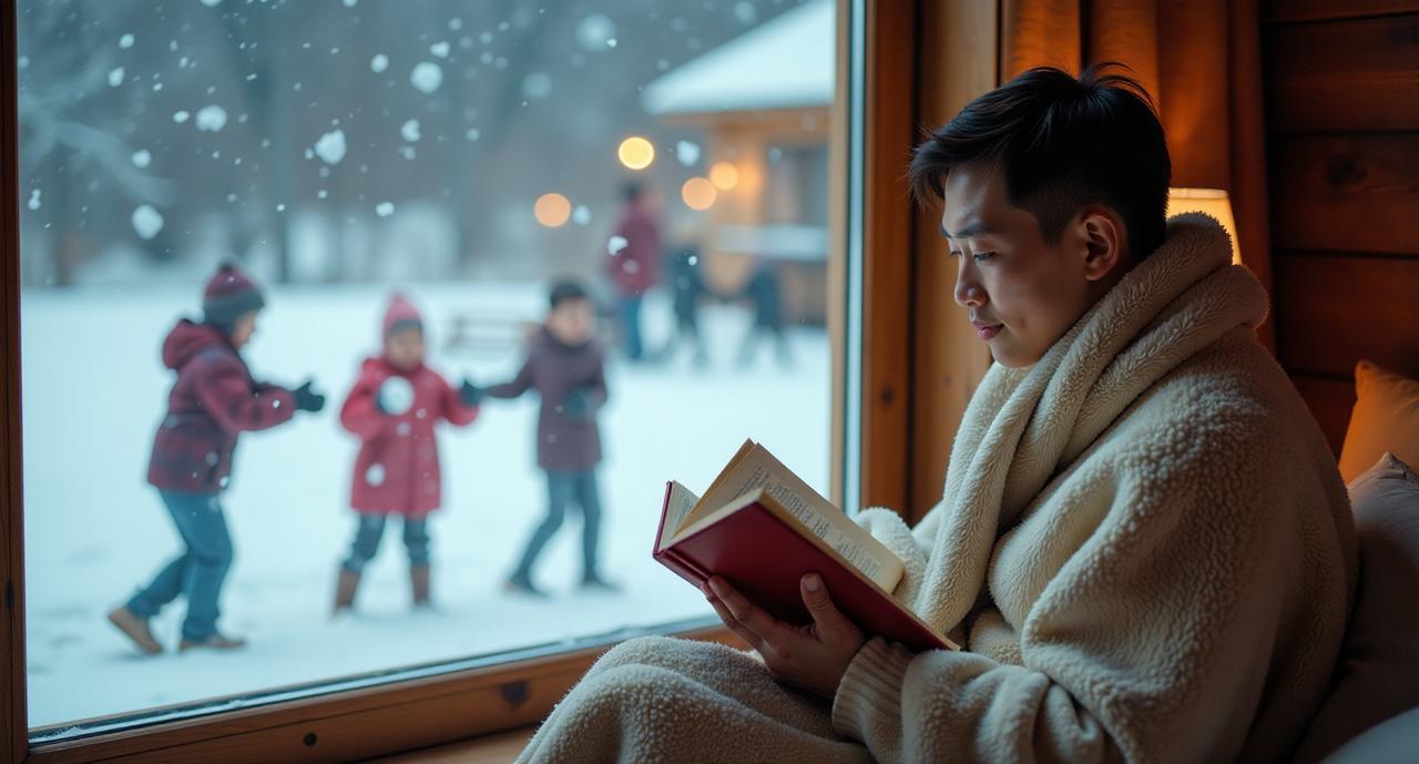 冬日生活打卡季在温暖的室内暖气房中，一扇透明的玻璃窗将外面雪白的世界与室内的温馨