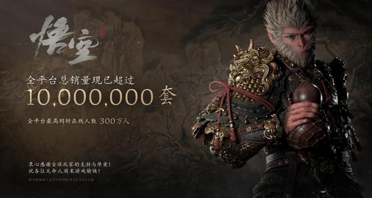 《黑神话 悟空》全平台销量已超过1000万套，全平台最高同时在线人数300万人。