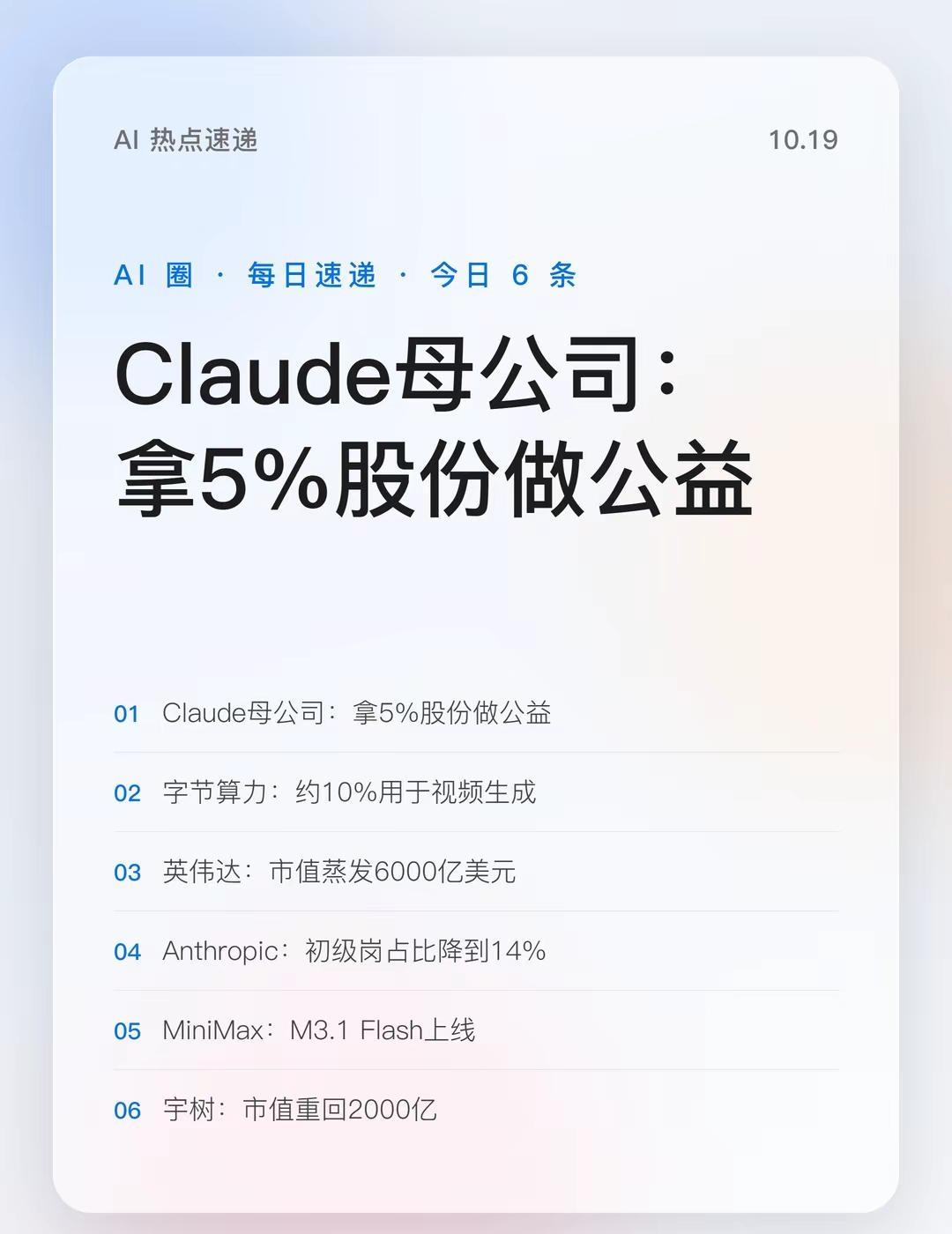Claude母公司拿5%股份做公益。10 月 19 日 AI 速递：5% 股份，