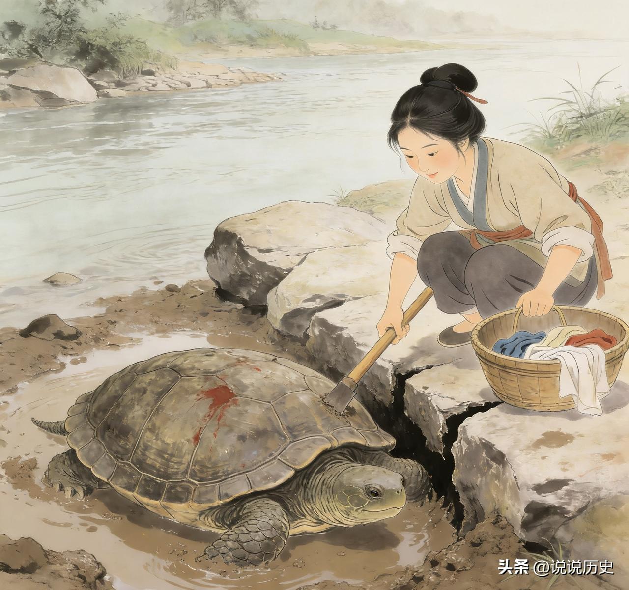 古时，有个女子去河边洗衣服，发现一只磨盘大的老龟卡在泥里，她便相助老龟回到河里。