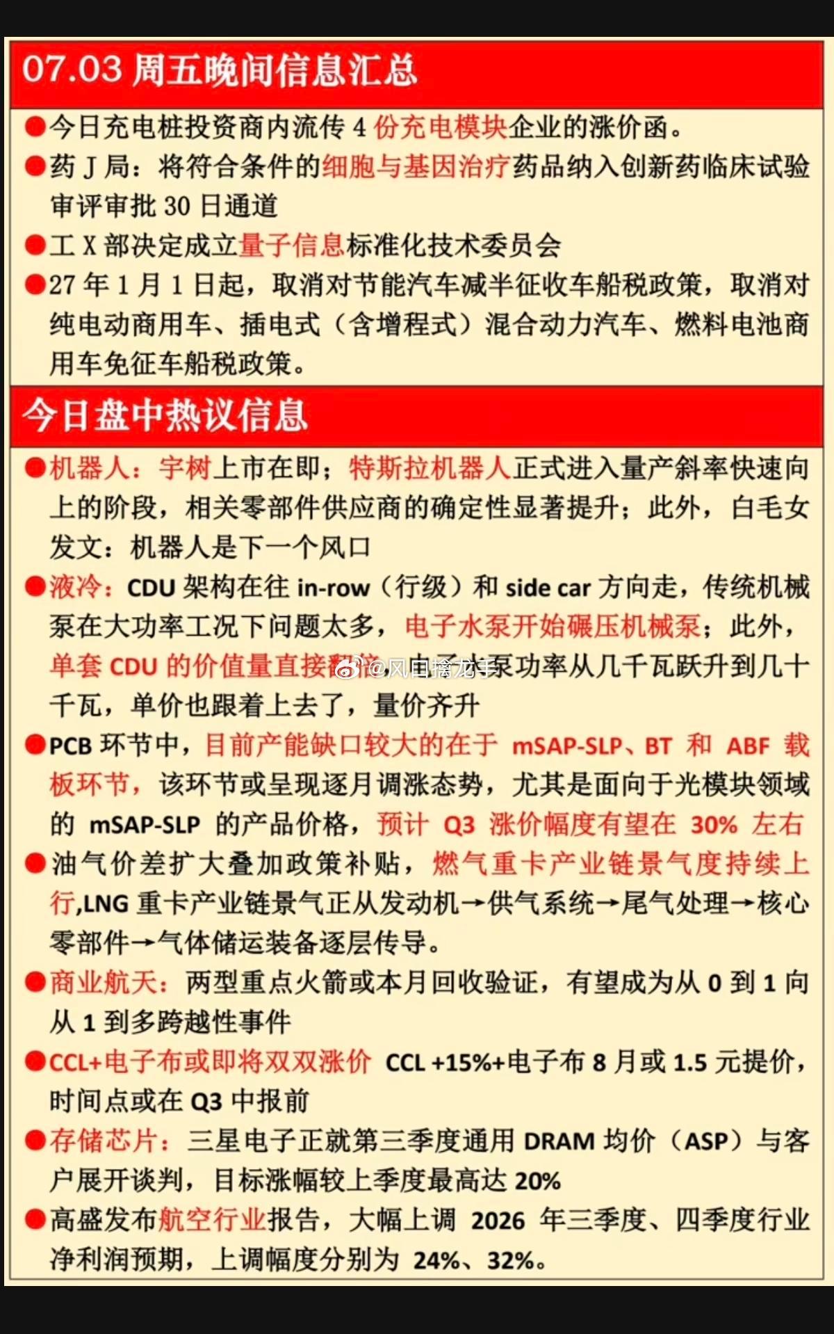 2026.07.03 周五晚间六大赛道财经热点完整汇总1. 宇树科技（当日最强主