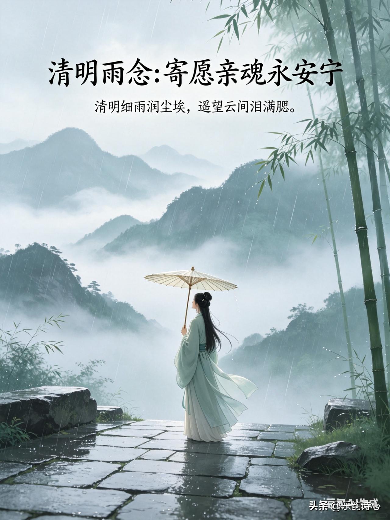 《清明雨念：寄愿亲魂永安宁》乐韵诗心原创诗词:
清明细雨润尘埃，
遥望云间泪满腮