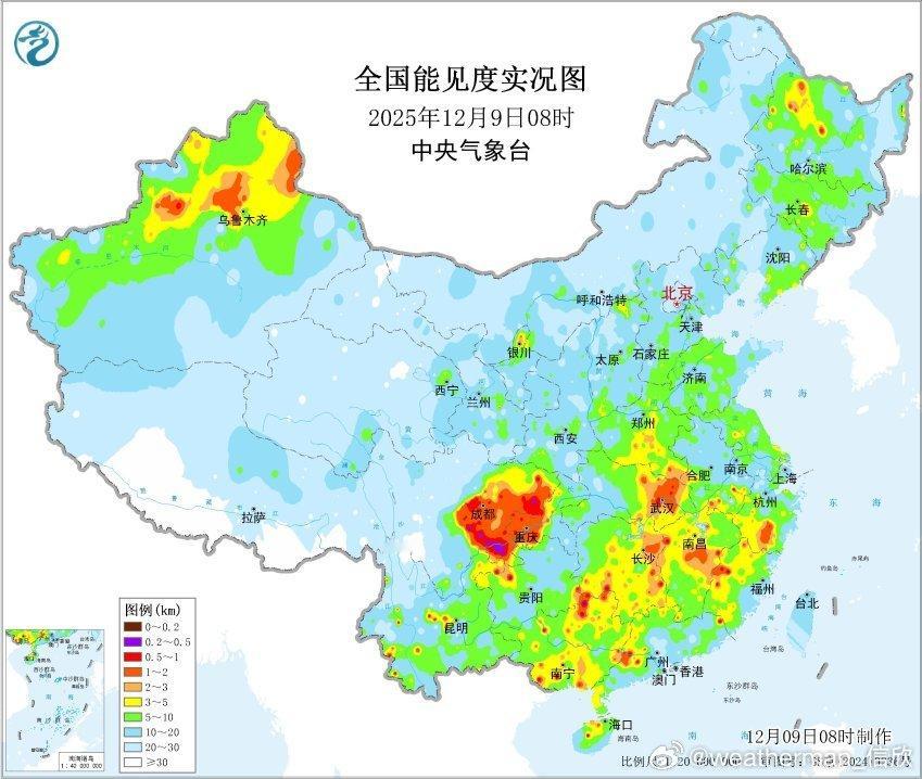 【雾和霾】今晨在四川盆地、江南华南等地依然出现了大雾，部分站点出现能见度不足20