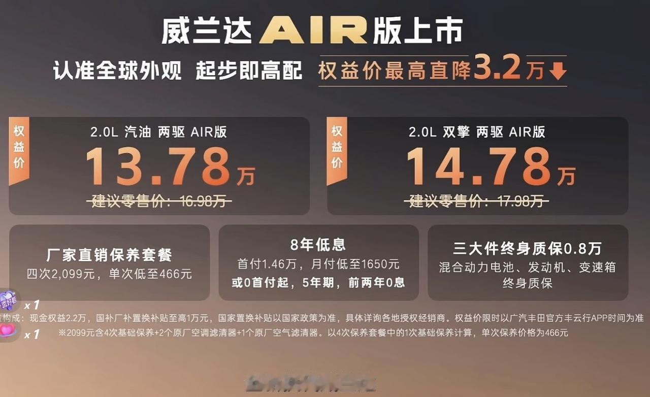 13.78-14.78w的全新威兰达AIR版价格咋样？
基础参数：4600*18