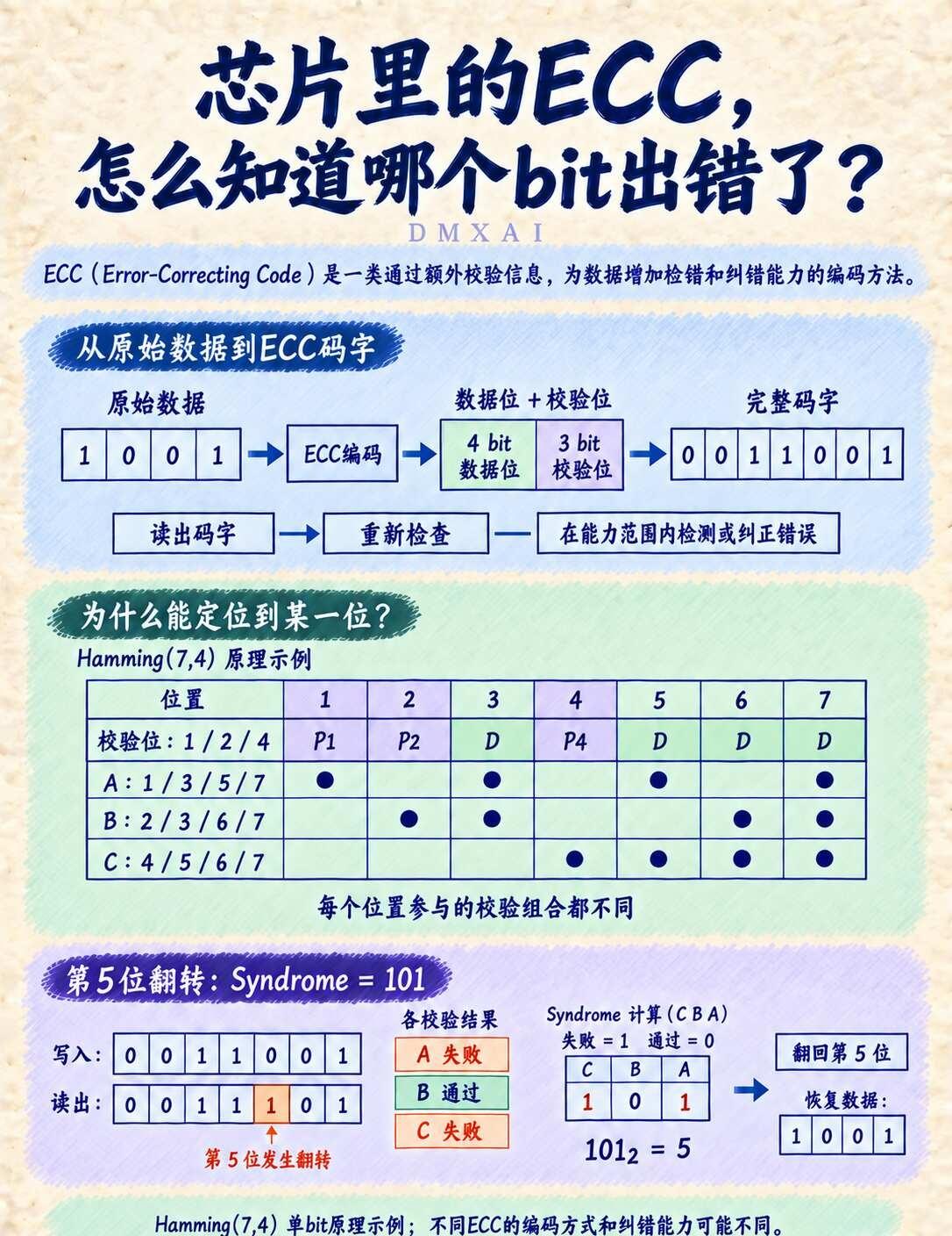 芯片里ECC，怎么知道哪个bit出错了？
存储器里有一位发生了翻转。芯片并没有另