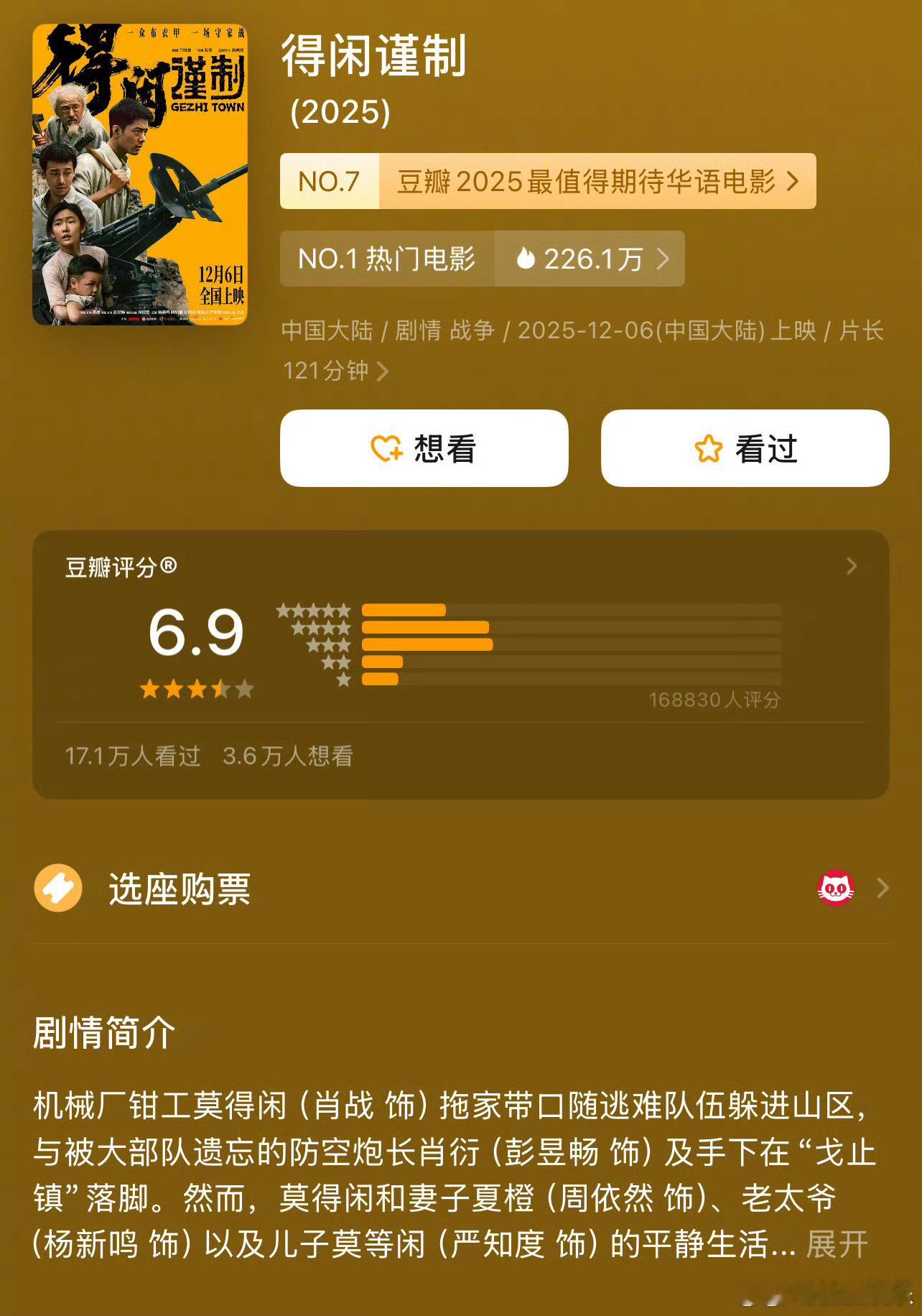 得闲谨制豆瓣开分6.9由孔笙执导，兰晓龙编剧，等主演的电影《得闲谨制》豆瓣开分6