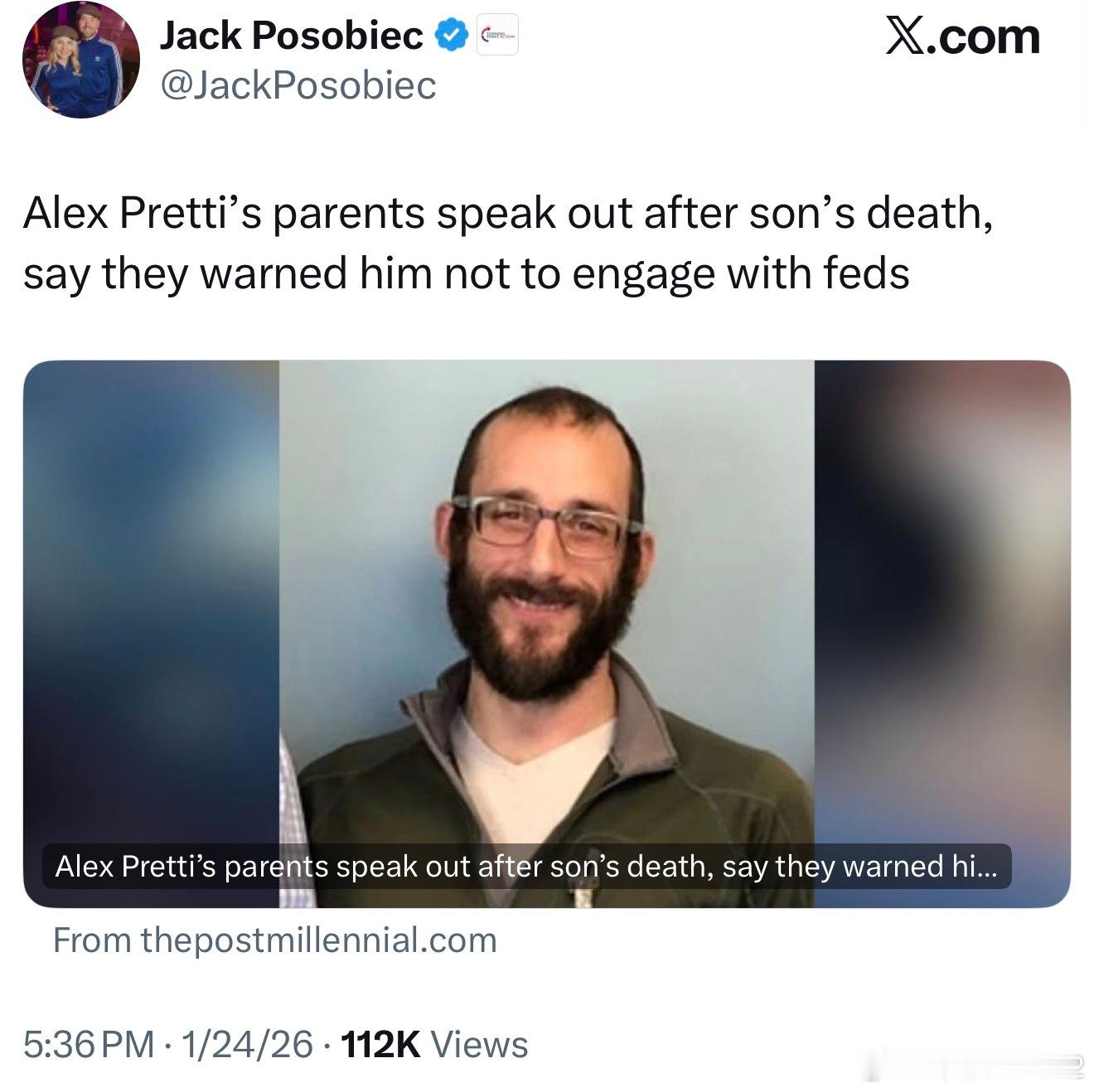照片是袭击ICE被反杀的Alex Pretti，他的父母发声，称他们曾警告儿子不