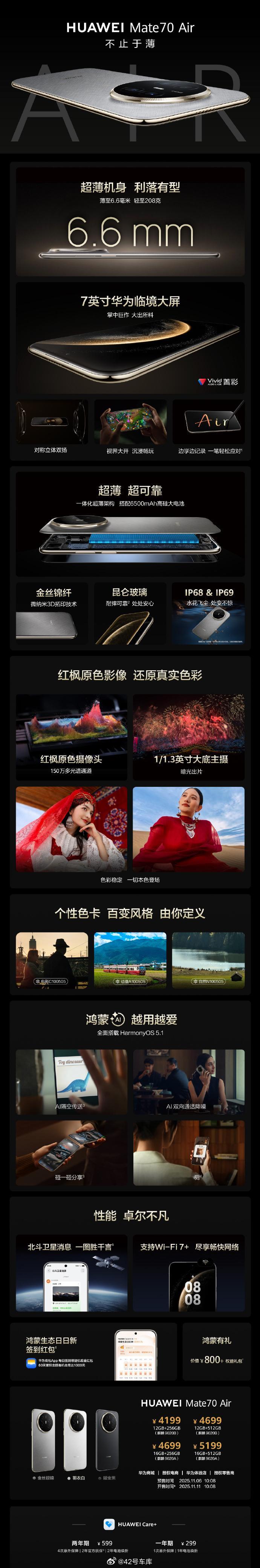 华为Mate70Air 直接开启预售了，只有 6.6 mm 厚、208 g 重，