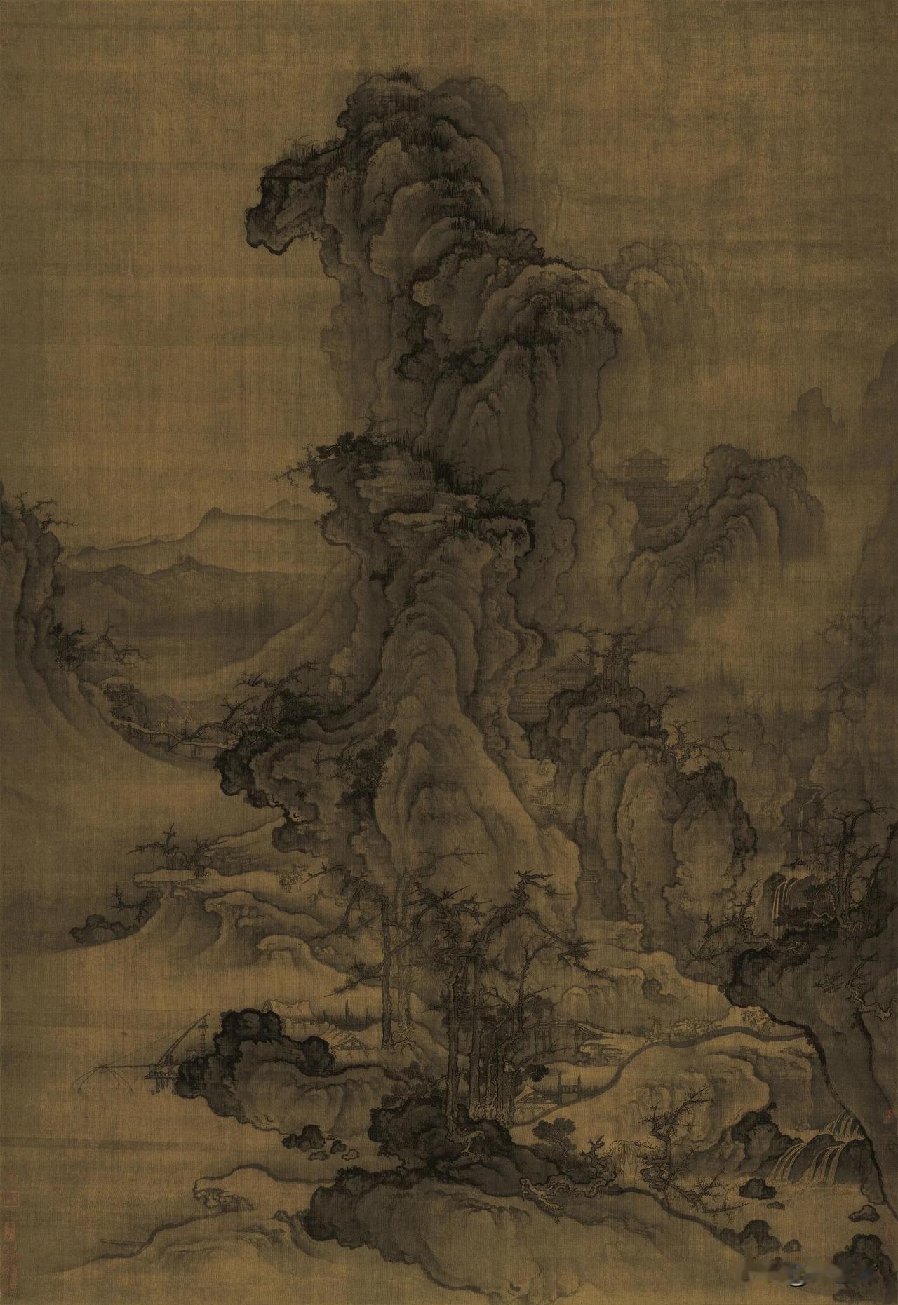 北宋郭熙《林泉高致》提出的山水画空间处理法则，分为高远、深远、平远。高远是自山下