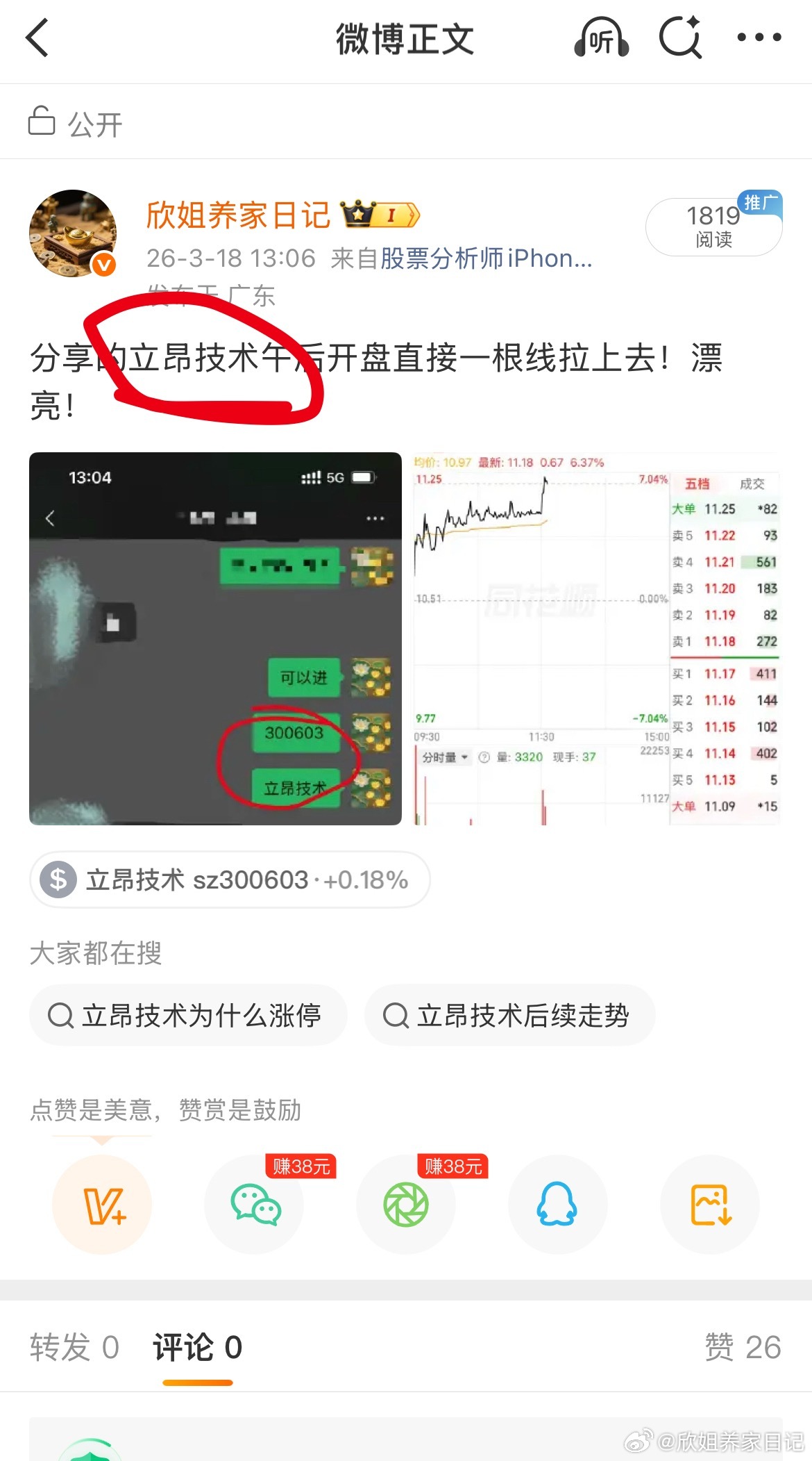 持续跟踪立昂技术，跟欣姐一样认同的168！ 