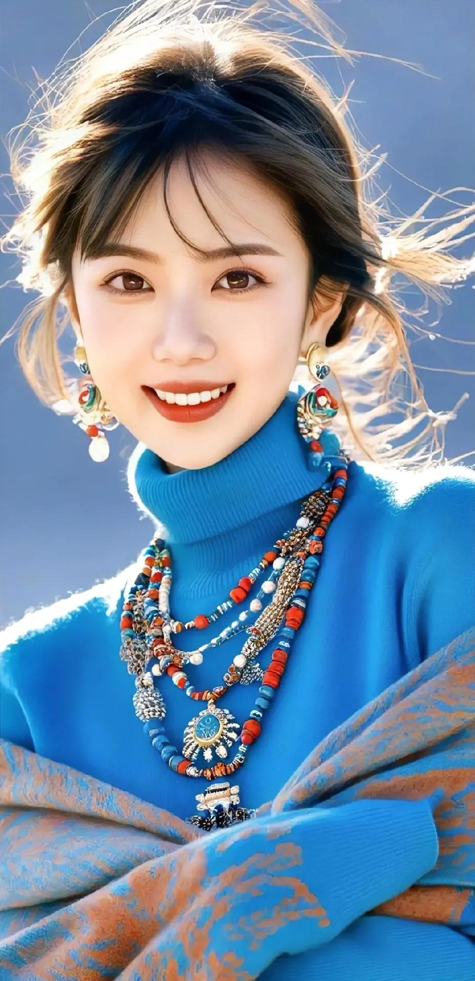 蓝衫映秋光，玉颈绕珠环。留靓影睹芳颜 用倩影留住时光 凝珠雅风华