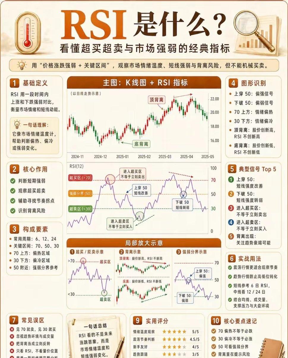 RSI 是什么？一张图看懂超买超卖。RSI 是判断市场强弱和情绪温度的常用指标，
