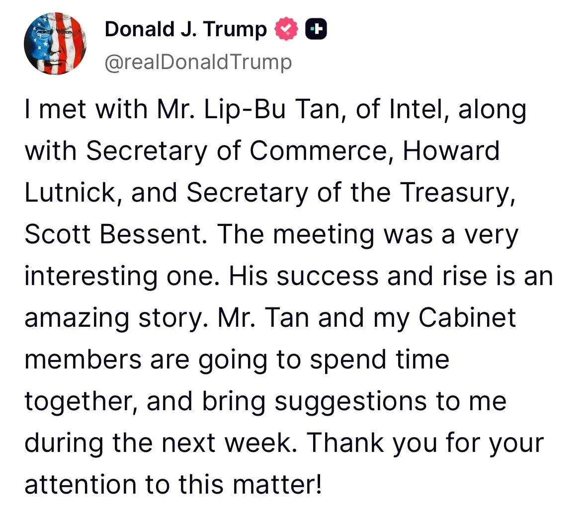 特朗普会见英特尔首席执行官陈立武

“我会见了英特尔公司的陈立武先生、商务部长霍