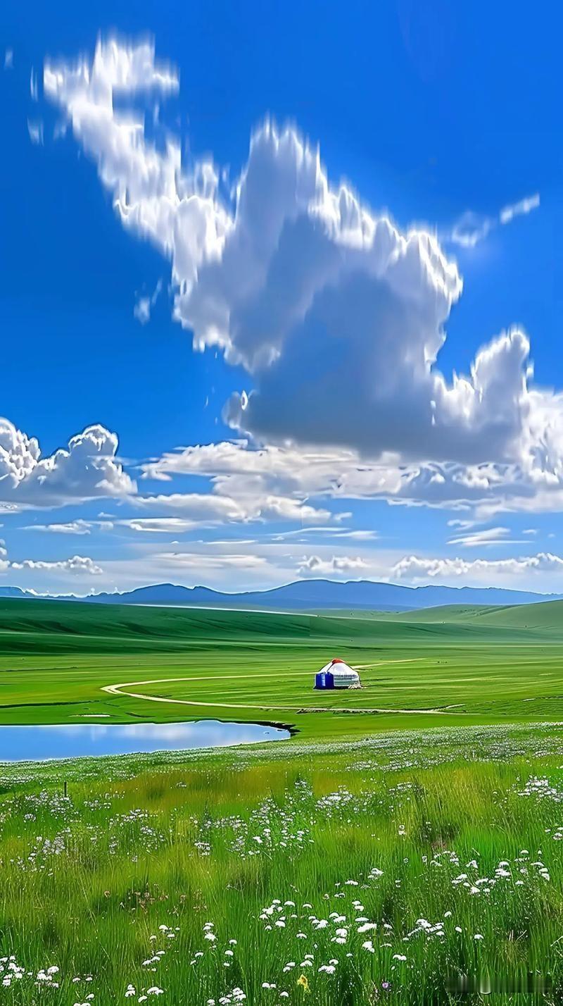 五律·草原（平水韵）
青青原上草，澹澹野芳溪。
地旷天际远，山高云脚低。
心宽身