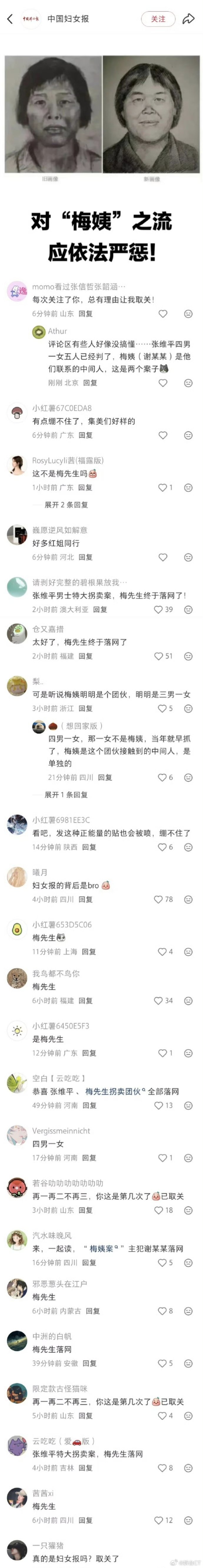 没看明白。中国妇女报就梅姨落网一事发布评论。为什么评论区里不断重复什么“梅先生”