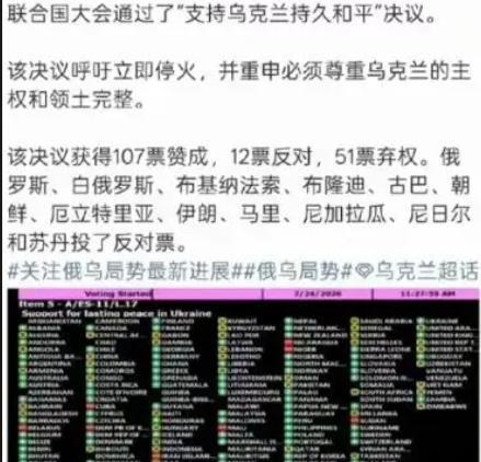 弱国无外交啊，支持乌克兰的国家有107 个，支持俄罗斯的居然高达 12 个。
联