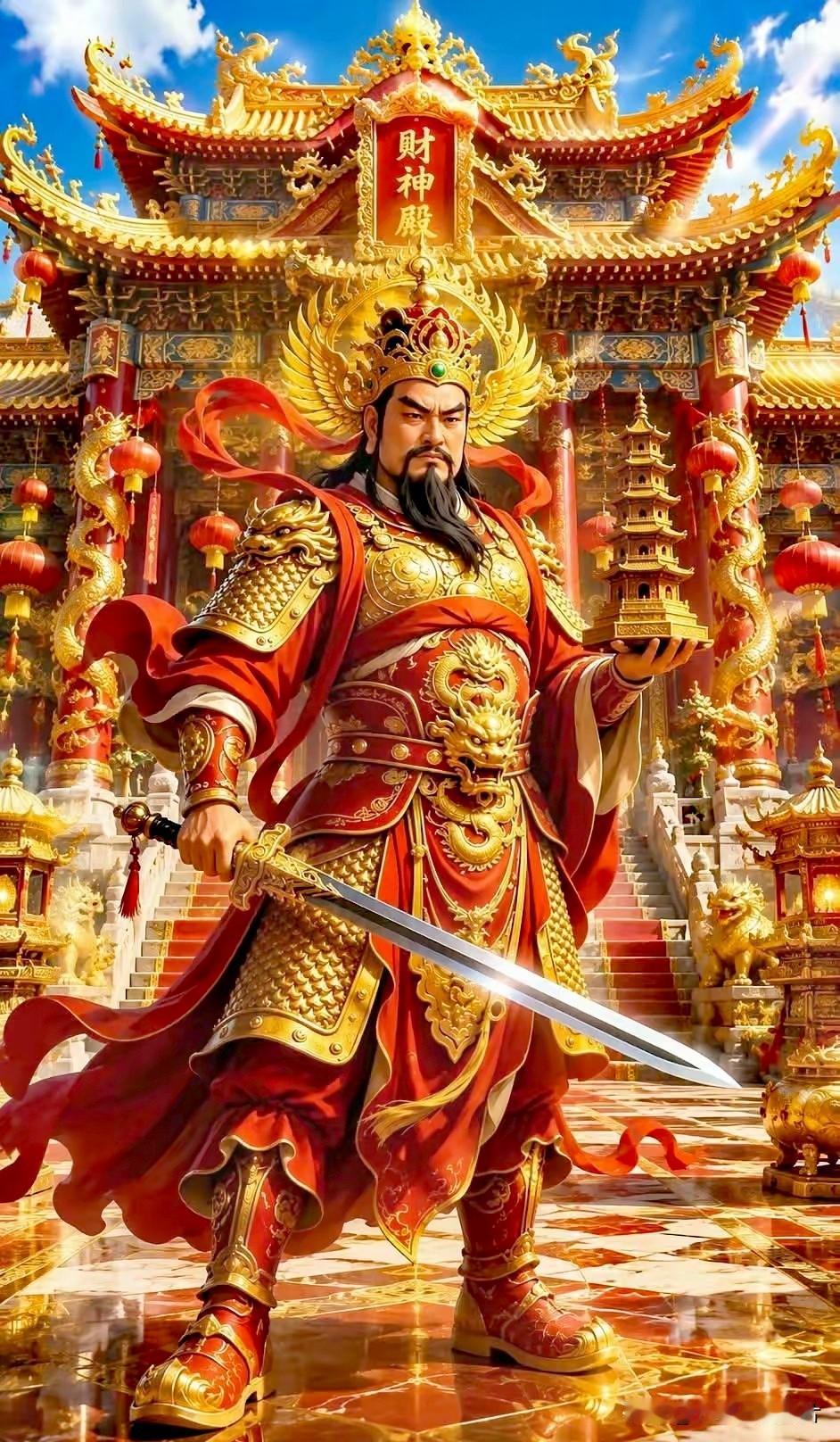 手握利剑驱邪祟，
掌托宝塔聚金银。