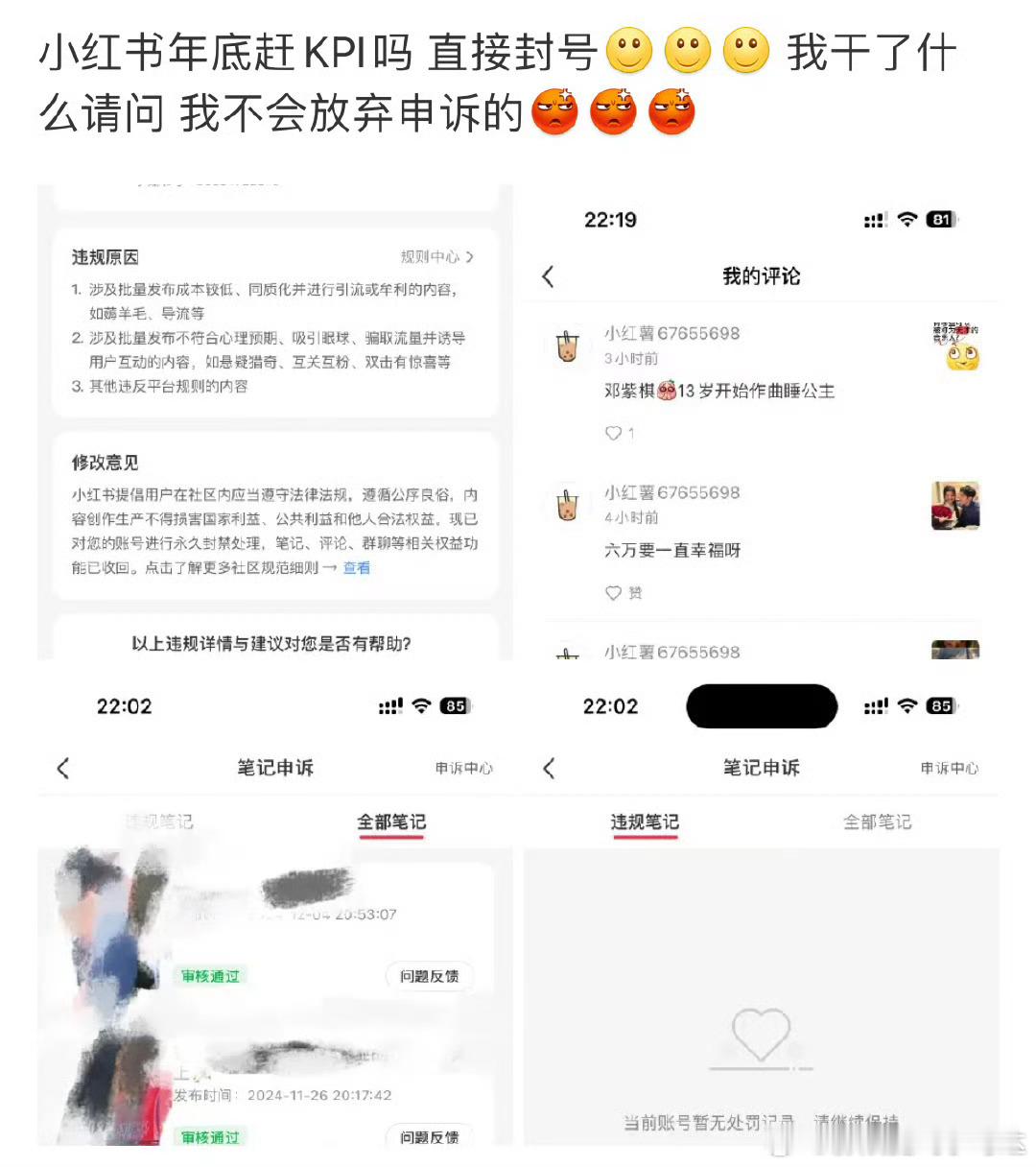 小红书封号？还是大面积？网友：年底赶KPI呢[喵喵][允悲] 