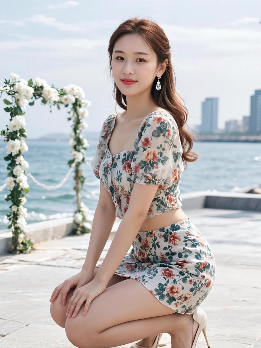 海风轻拂，碎花裙摆摇曳如诗，仿佛时光在这一刻静止。远处的天际线与花拱门相映成画，