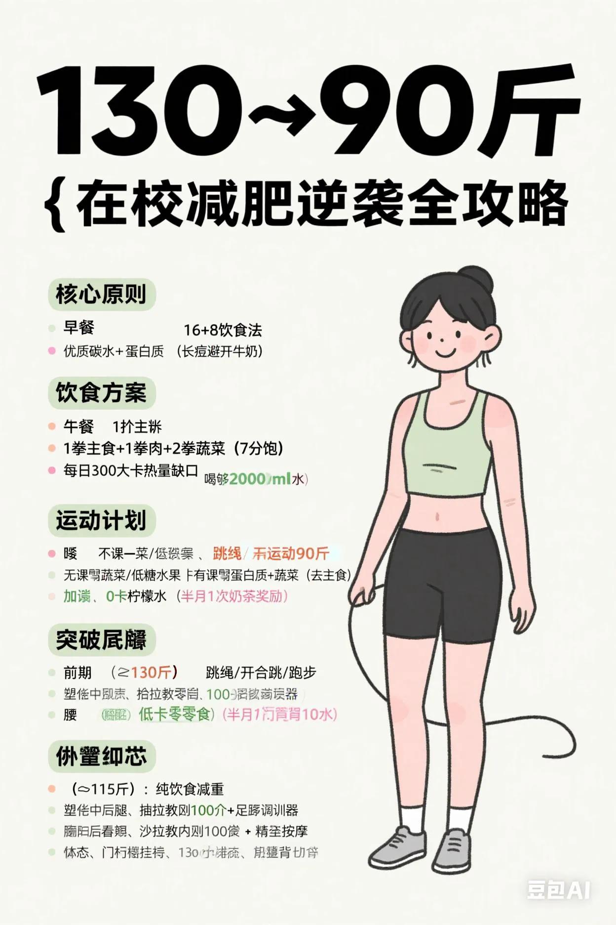 **130→90斤｜在校减肥逆袭全攻略**  

**核心原则：**  
16+