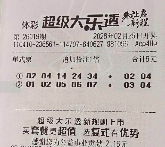 彩友新年首张大乐透确实想象力十足：02 04 14 24 34+02 04，01