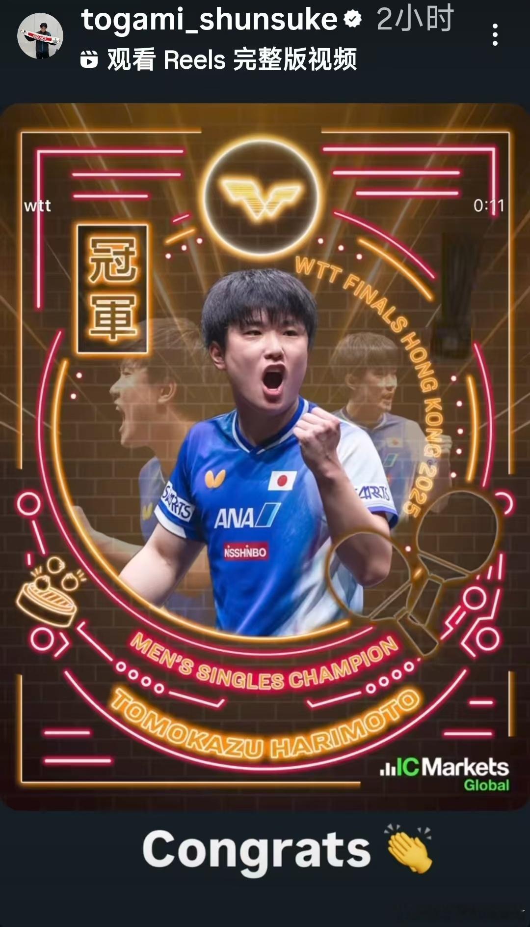 wtt年终总决赛25张本智和 正在德国参加德甲比赛的户上隼辅转发了张本夺冠消息，