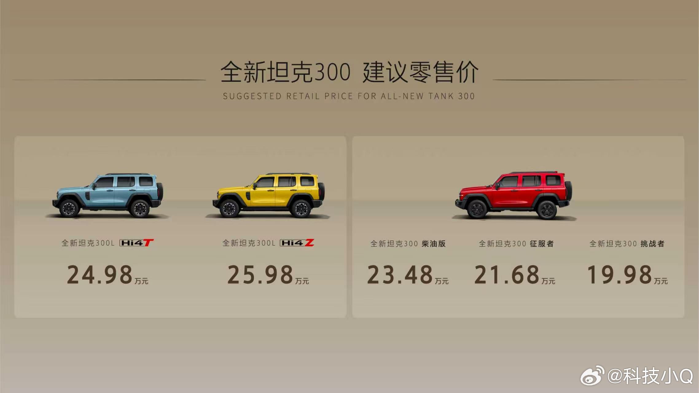 全新坦克300正式上市，19.98万元起。总共553项整车升级、超半数配件焕新，