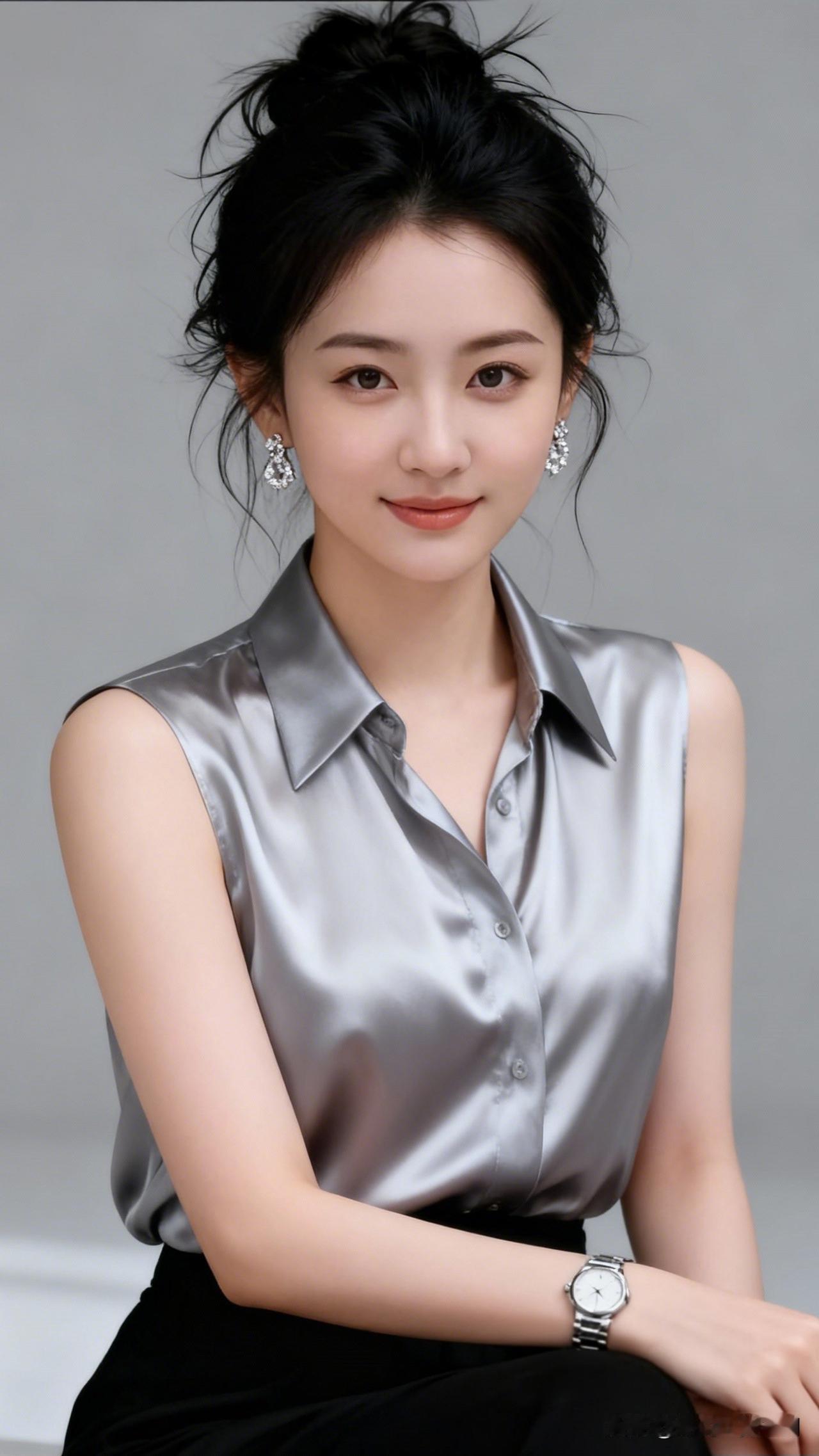 银衣美人笑，风姿动人怀。晒出美丽身影 优雅气质，银光闪闪的衬衫搭配，完美展现女性