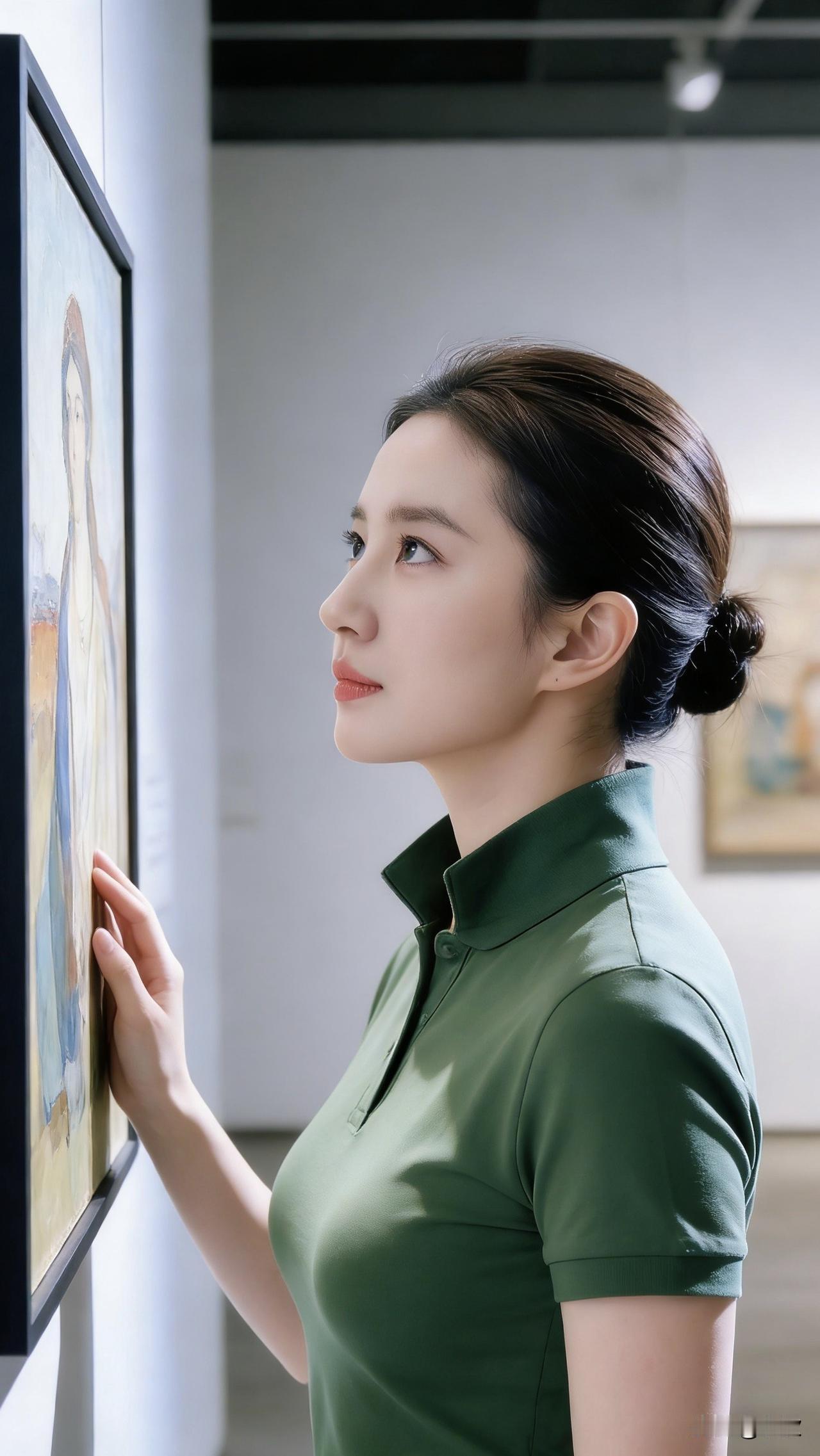 美术馆里安静得只剩呼吸声，她指尖轻触画布，目光在色彩与线条间游走。墨绿色的衣摆与