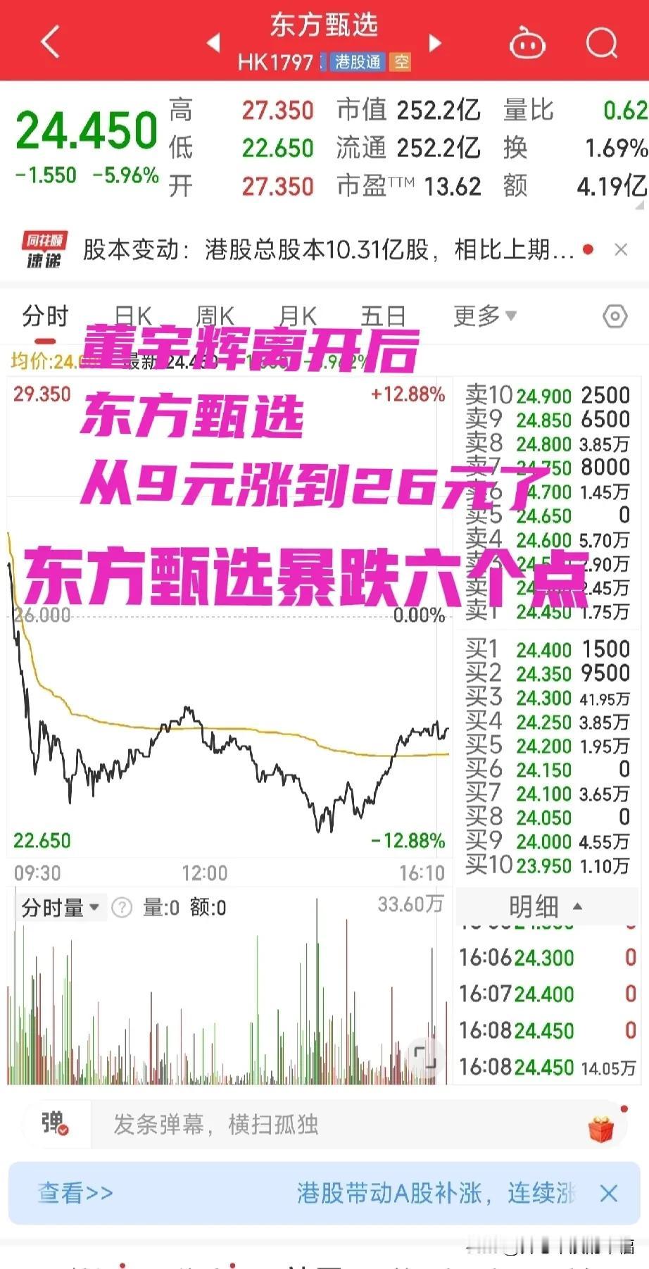 没有了董宇辉的东方甄选港股一路上扬，有朋友说董宇辉在不敢进呀。不知董宇辉后悔了吗