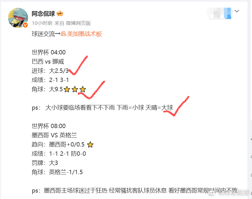 第一场方向和角球正确 巴西回家 唉 年年看好巴西 年年走不远 第二场墨西哥vs英