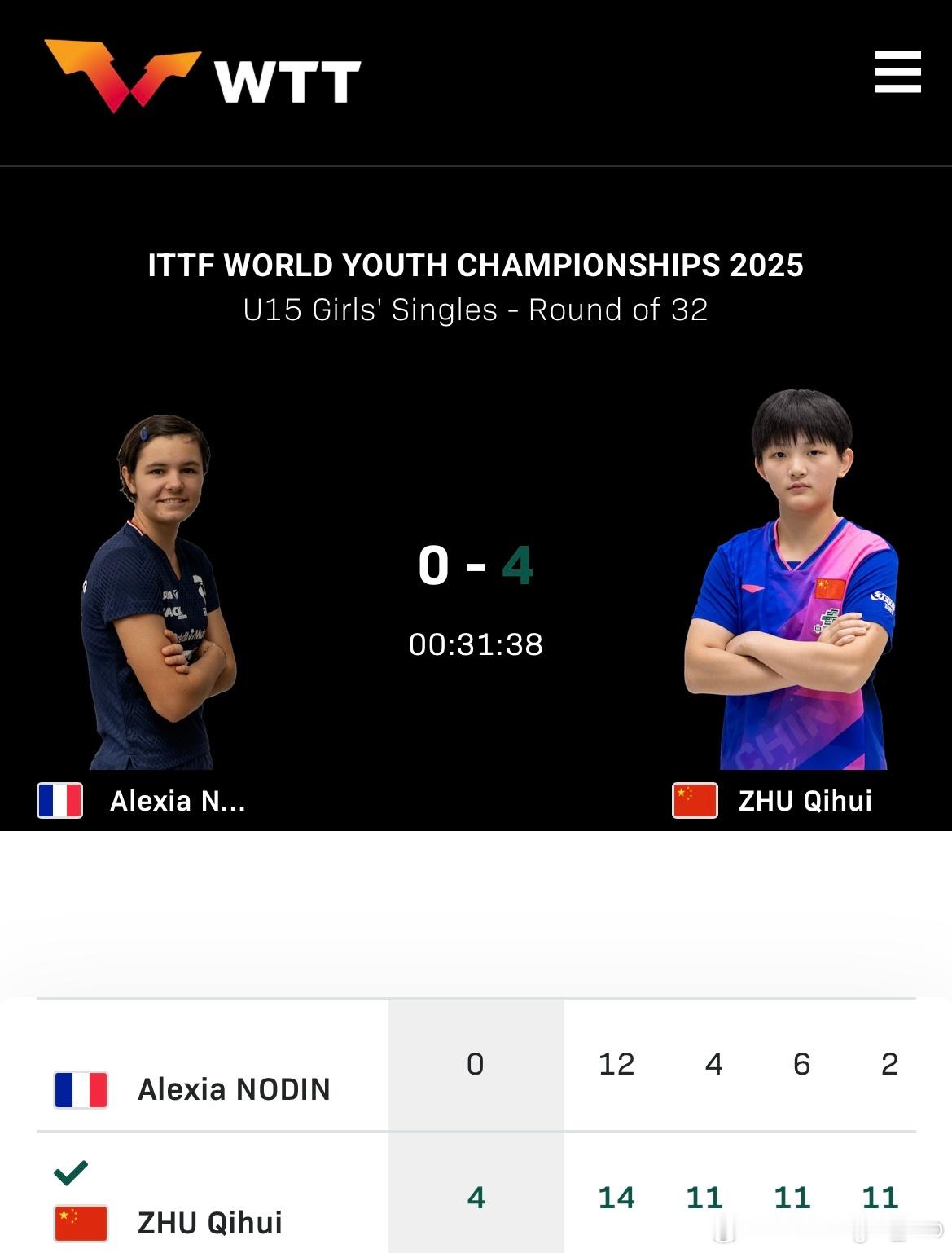 2025年国际乒联世青赛U15女单1/16决赛🇨🇳祝启慧4比0阿莱西亚·诺丁