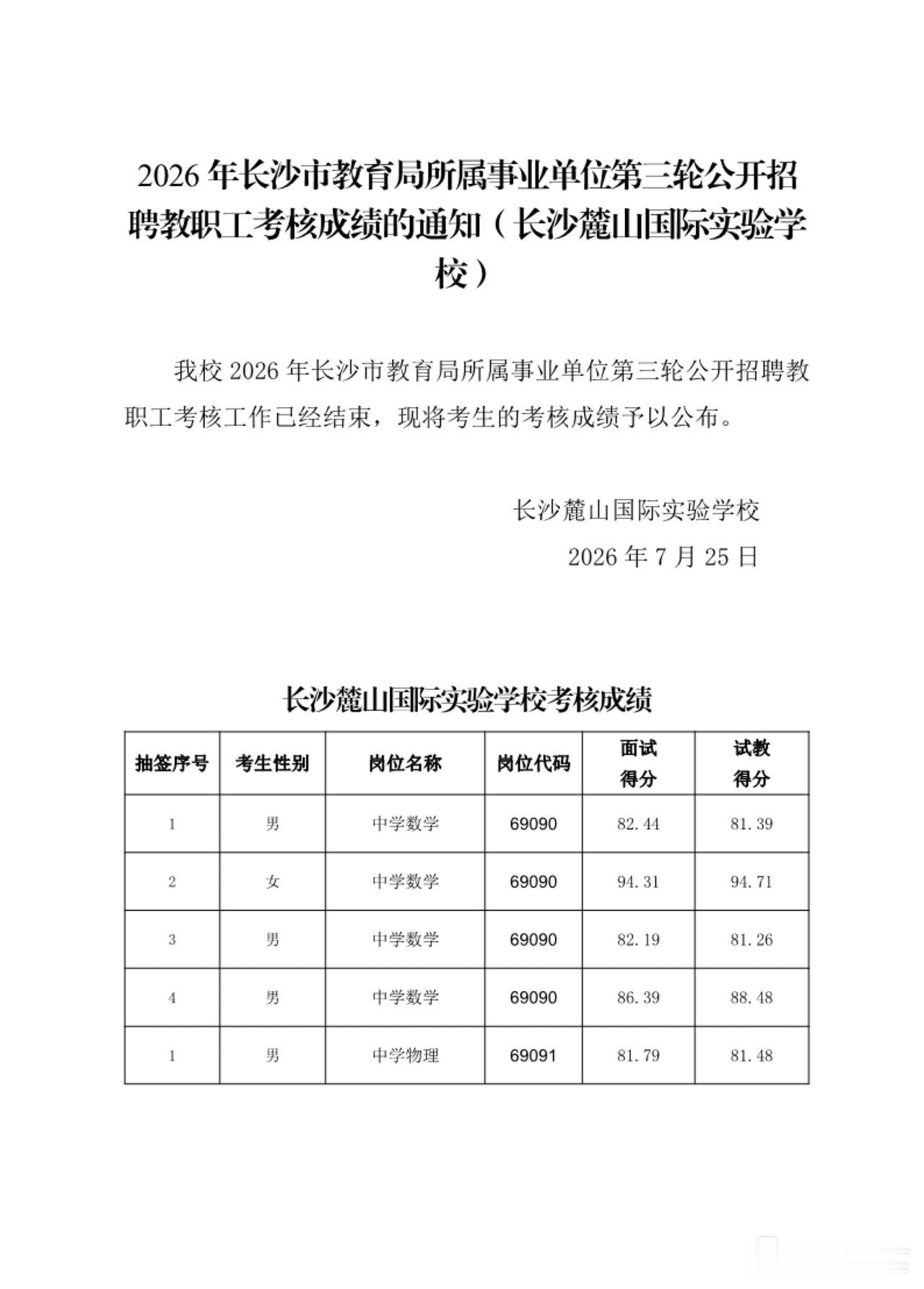 【湖南长沙】2026年长沙市教育局所属事业单位第三轮公开招聘教职工考核成绩通知（