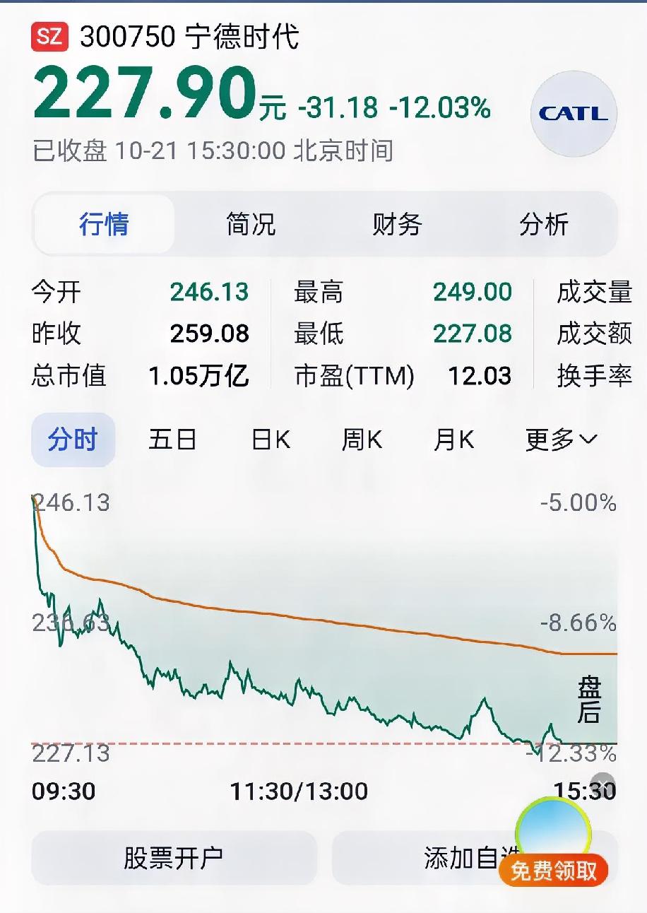 宁德时代今天放量大跌12%，这是怎么了？宁德时代从上市30多块，一路上涨，最高涨