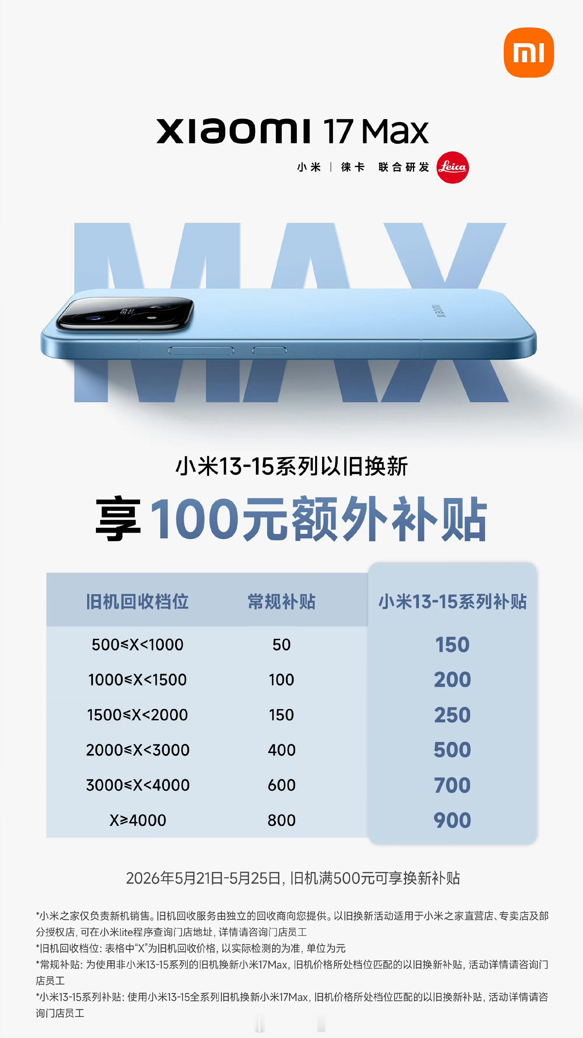 小米17Max 这次的以旧换新活动，除了常规补贴之外，还有小米13系列、小米14