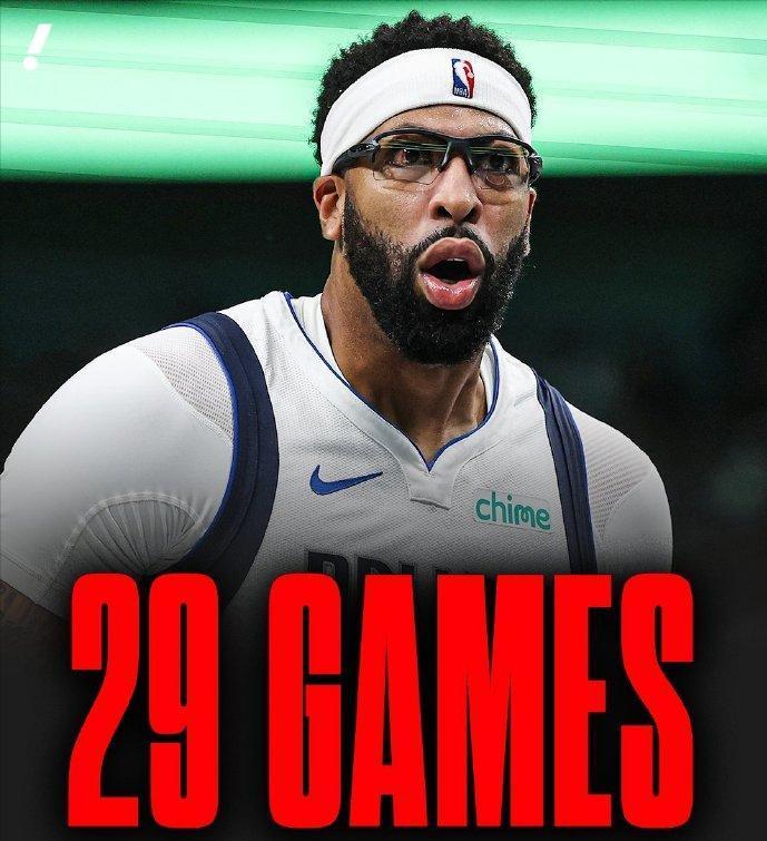 浓眉为独行侠共出战29场比赛：
24-25赛季：9场，场均20分10.1篮板
2