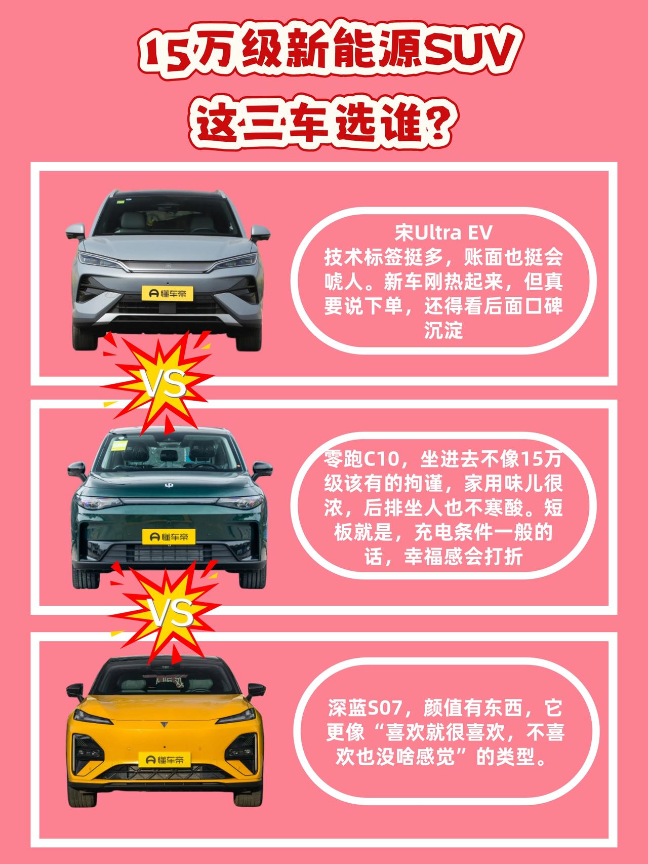 15万级新能源SUV，宋Ultra EV、零跑C10、深蓝S07选谁？
想买15