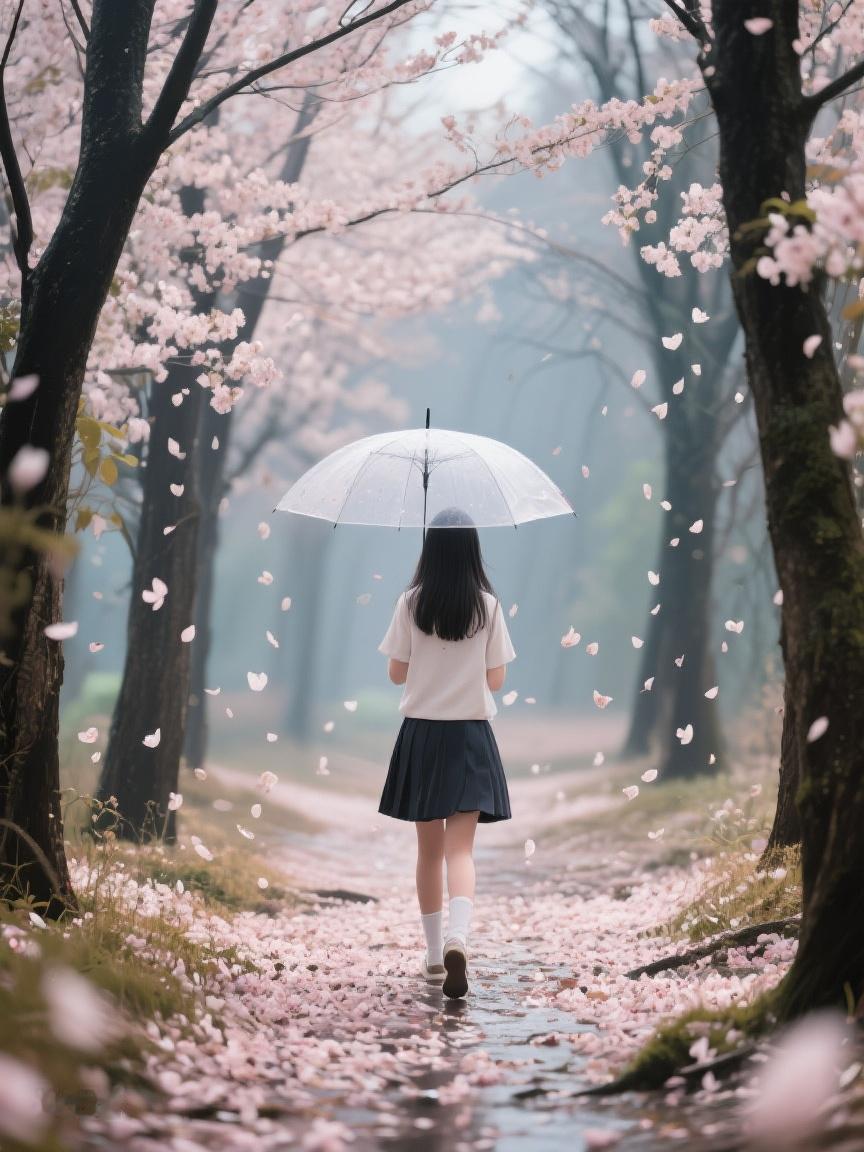 AI妙生图在樱花雨里撑伞漫步，时光轻柔洒落，每片花瓣都是岁月赠予的诗笺，静静诉说
