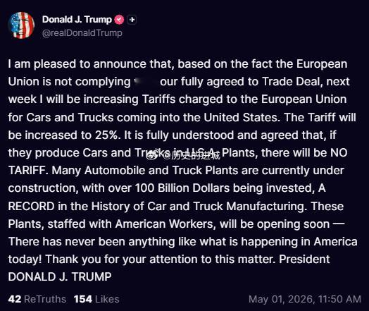美国总统特朗普5月1日宣布，将自下周起把对来自欧盟的汽车与卡车关税提高至25%，