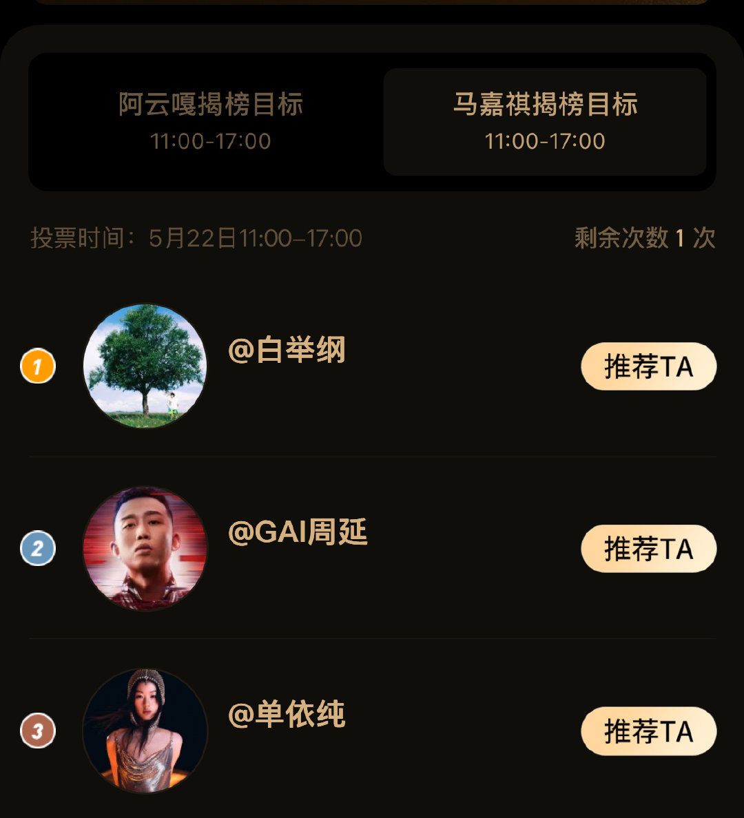 歌手首场揭榜赛制马嘉祺粉丝把白举纲当作软柿子了粉丝都在给白举纲投票[允悲] ​​