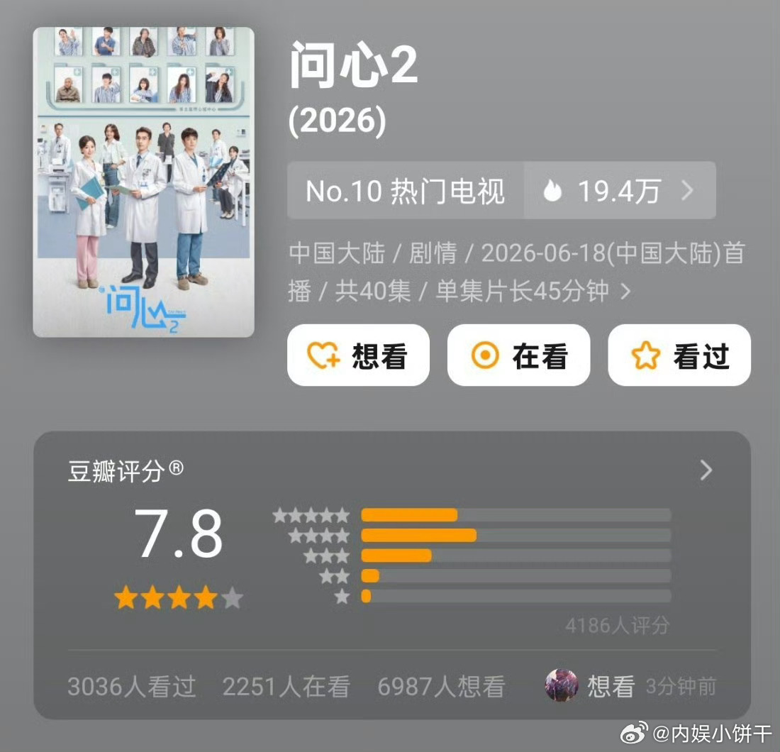 《问心2》开分7.8赵又廷｜毛晓彤｜金世佳 