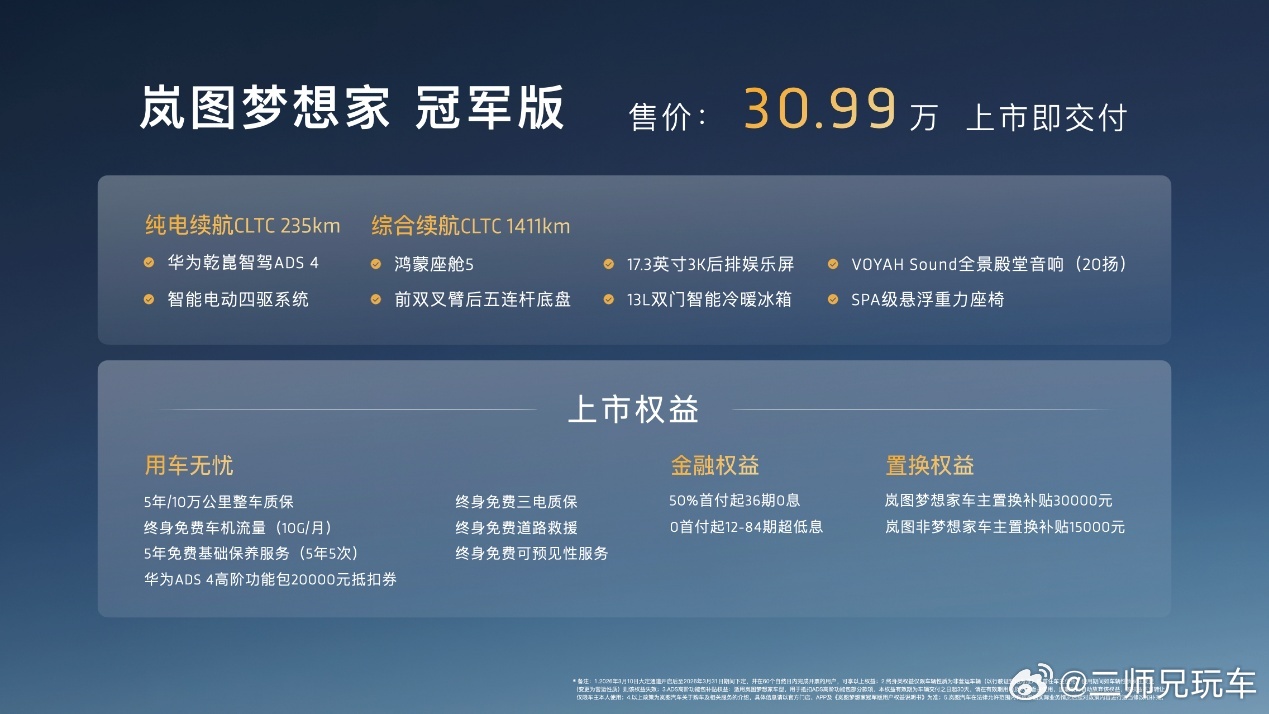岚图梦想家冠军版上市，30.99万配华为乾崑智驾。3月10日岚图有个大动作，就是