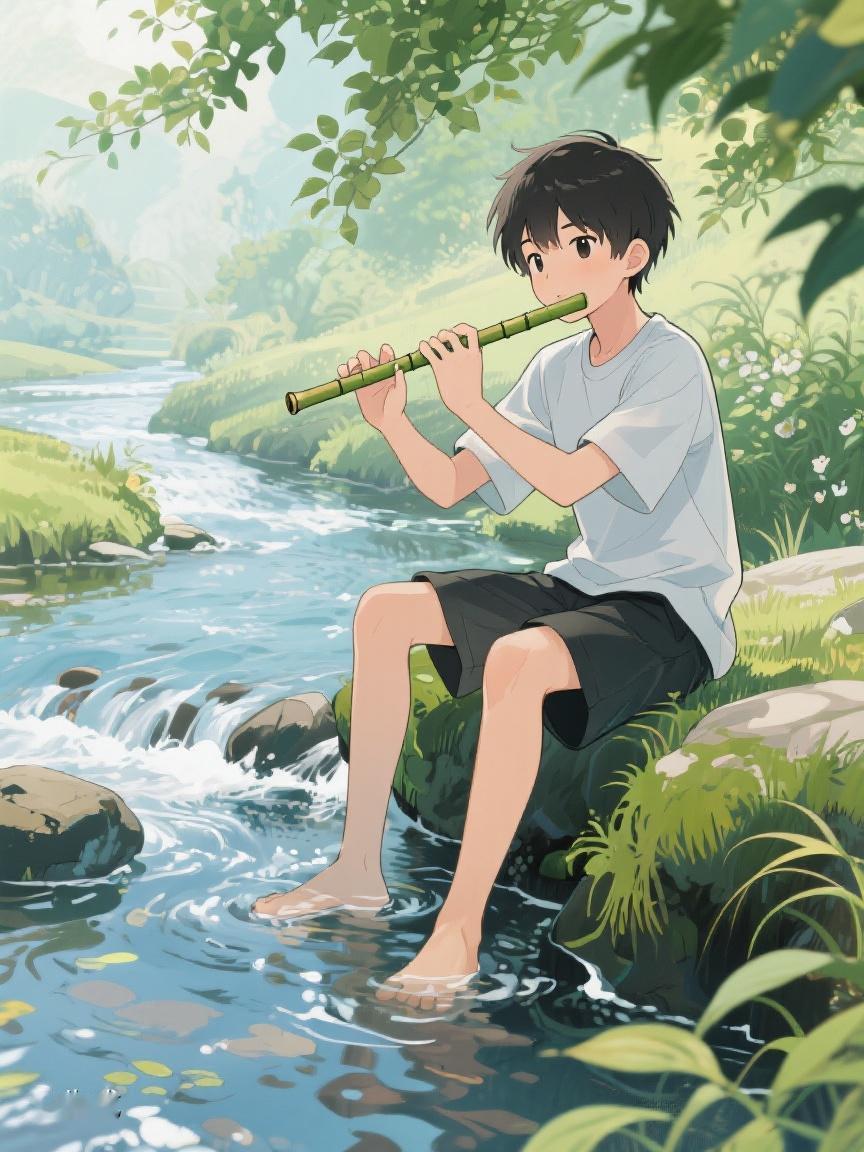 在溪边，
竹笛悠扬，
流水潺潺。
于自然中寻一方静谧，
让心灵暂得安宁✨
AI妙