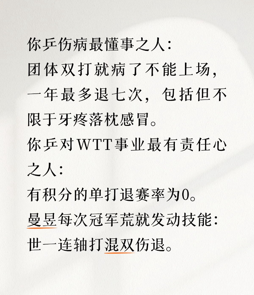 王楚钦孙颖莎王曼昱放弃亚锦赛选拔单打yes双打no，曼昱团体牙疼落枕无法选中。 